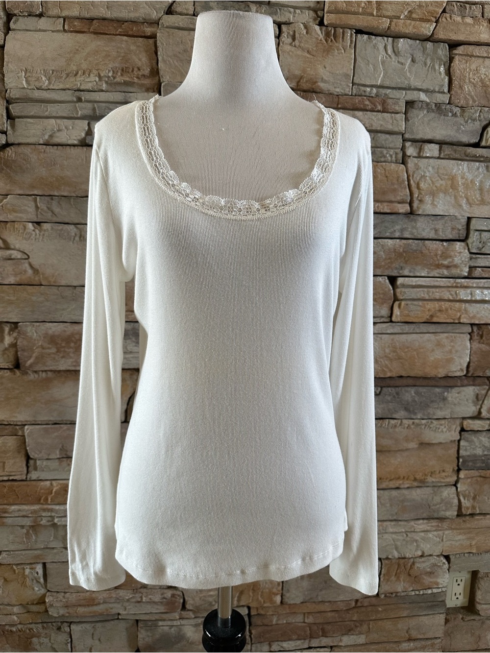A New Day Lace-Trim Ribbed Knit Long Sleeve Top